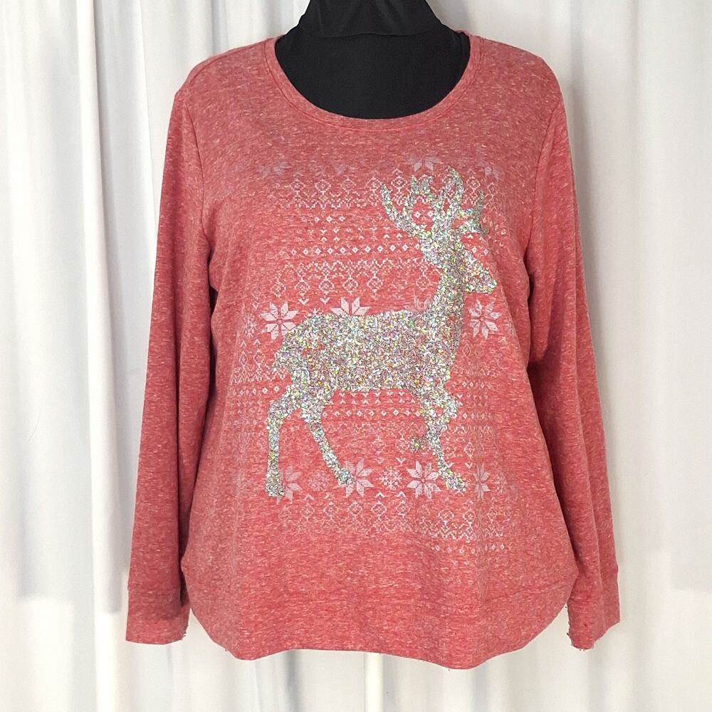 Women’s Plus Size 14/16W Red Sparkle Reindeer Christmas Long Sleeve Top Festive